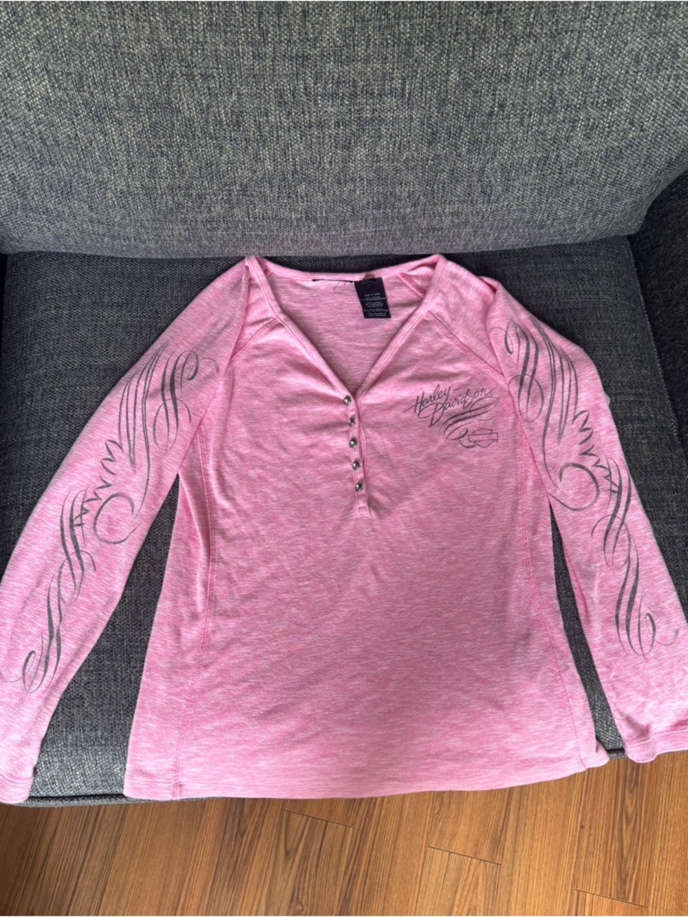 Harley-Davidson Women's Pink Long-Sleeve Henley with Graphic Sleeves